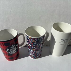 Starbucks Red Plaid, Floral, and White Mug Trio